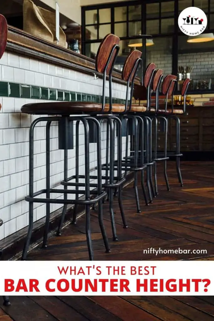 Photo collage of barstools and white subway tile covered bar with the text "What's the best bar counter height?"