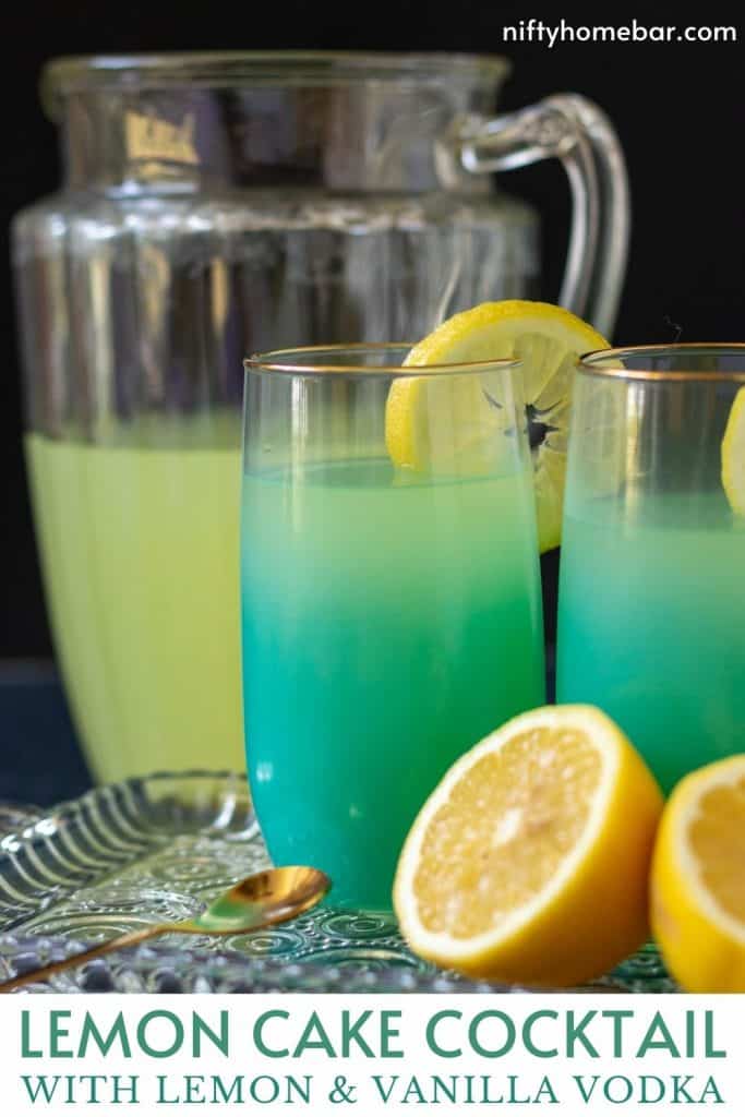 Photo of pitcher of lemonade, lemons and  lemon vodka cocktail in blue glasses. 