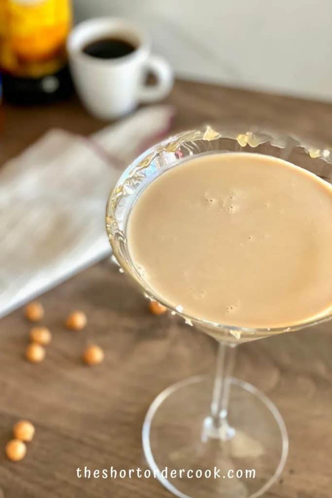 salted caramel martini on a wood background
